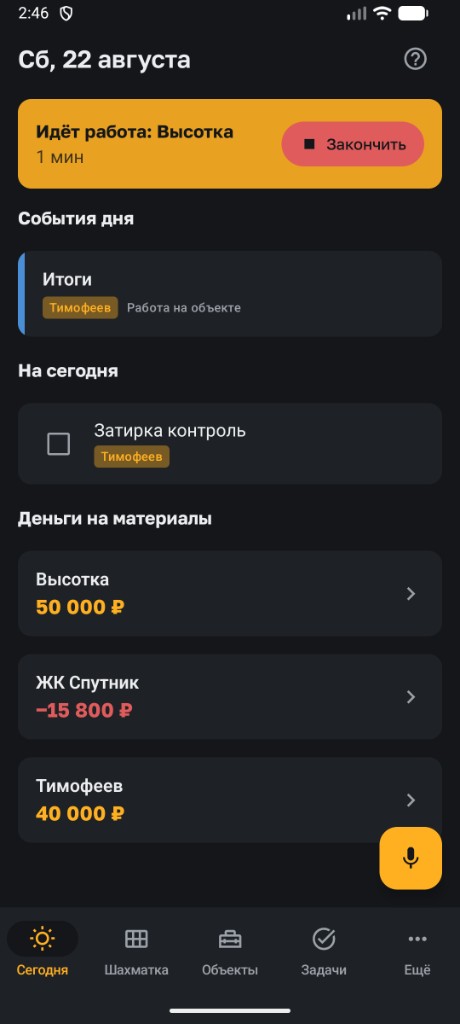 Сегодня: идёт работа, задачи, деньги на материалы, микрофон